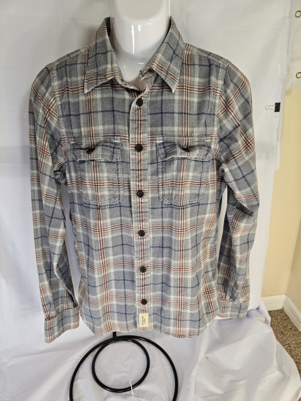 VTG Y2K Abercrombie & Fitch Grey Plaid Flannel Shirt Men's Size Medium 2 Pockets